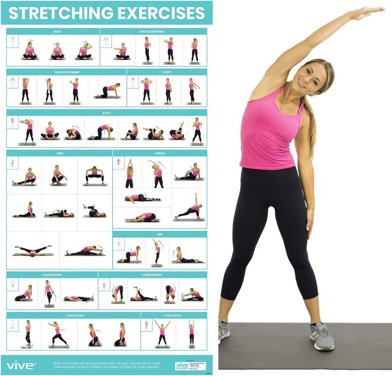 VIVE Workout Posters for Home Gym - 52 Streching Exercises Full Body Workout - Laminated Pre Post Routines Wall Chart - Bodyweight Poses Instruction Guide for Core, Abs, Legs, Glutes, Upper Body - Image 1